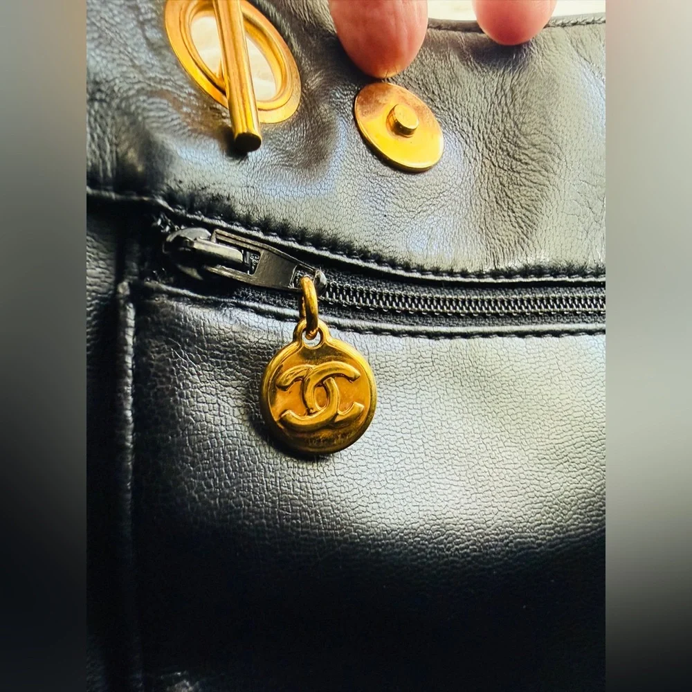 Chanel Vintage 24k Gold Plated Black Lambskin Quilted Tote Bag Gold Ball Charm